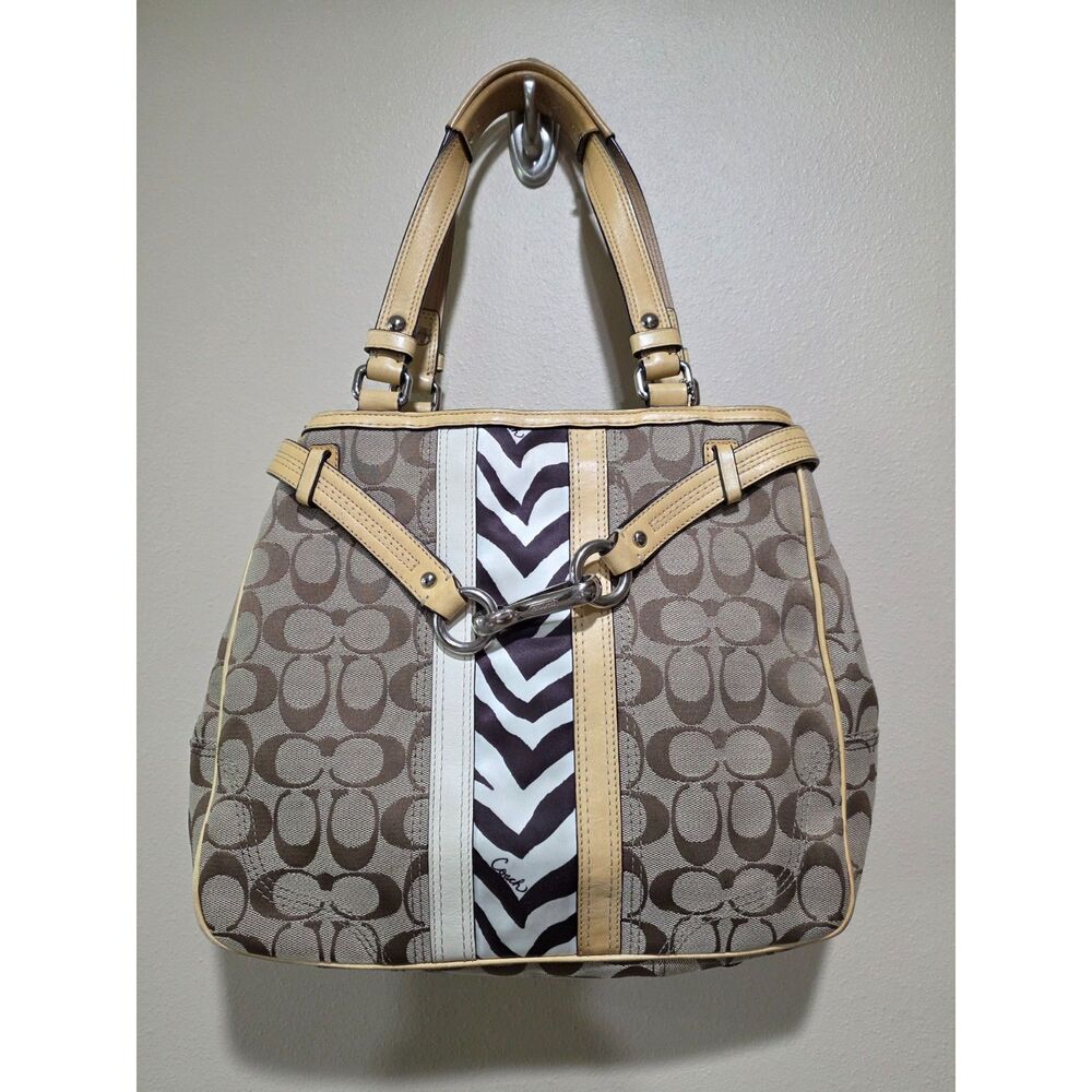 Coach Vintage Soho Zebra Stripe Signature Jacquard Tote Shoulder Bag Beige Brown - Picture 2 of 8